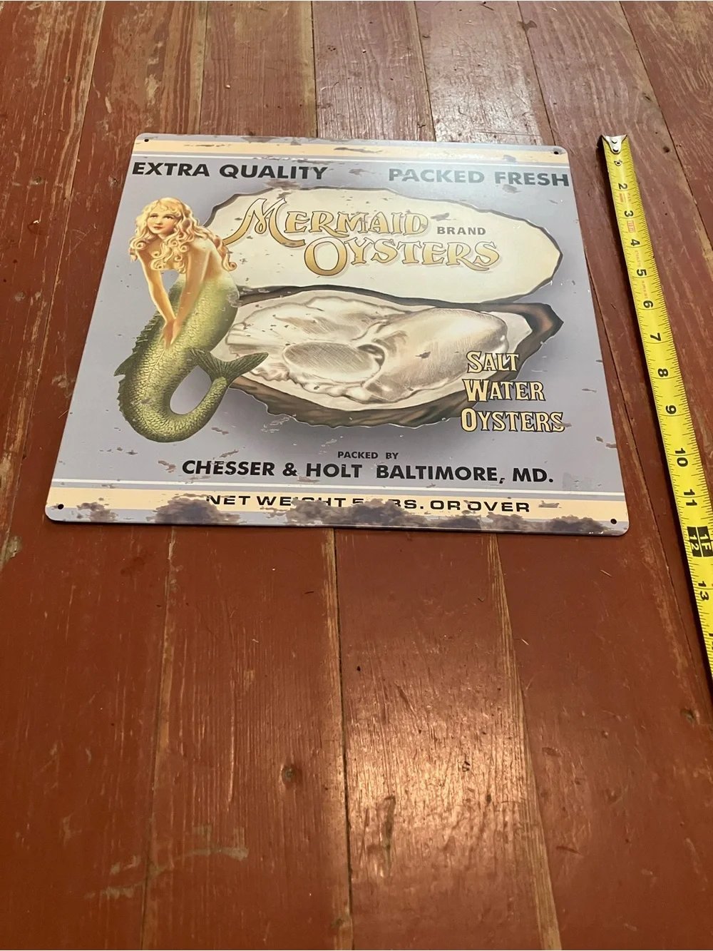 Mermaid Oysters Vintage Metal Sign - Seafoam Green